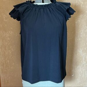 Ann Taylor Midnight Blue Ruffle Neck Blouse